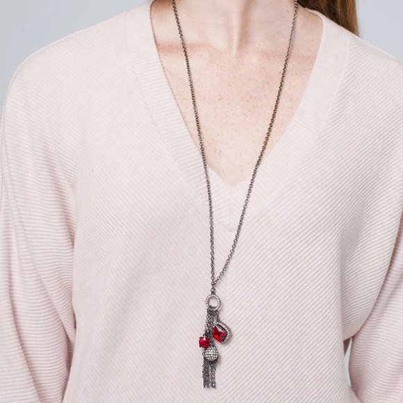 WHBM CONVERTIBLE SHORT-LONG HEMATITE JEWELED CHARM NECKLACE RED - Picture 3 of 3